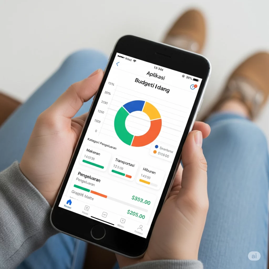 Antarmuka aplikasi budgeting Wallet di smartphone dengan visualisasi grafik pengeluaran.
