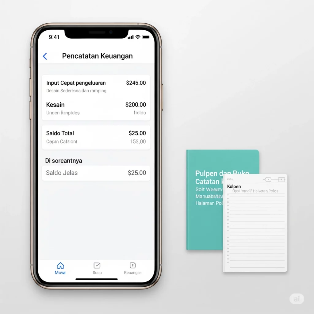 Tampilan aplikasi catatan keuangan yang sederhana di smartphone, mudah untuk pencatatan cepat.
