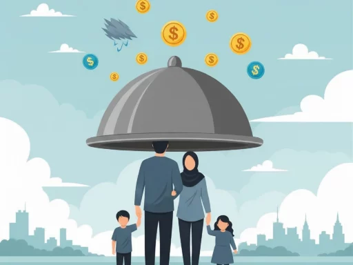 Keluarga terlindungi di bawah payung, melambangkan pentingnya asuransi jiwa untuk perlindungan finansial.