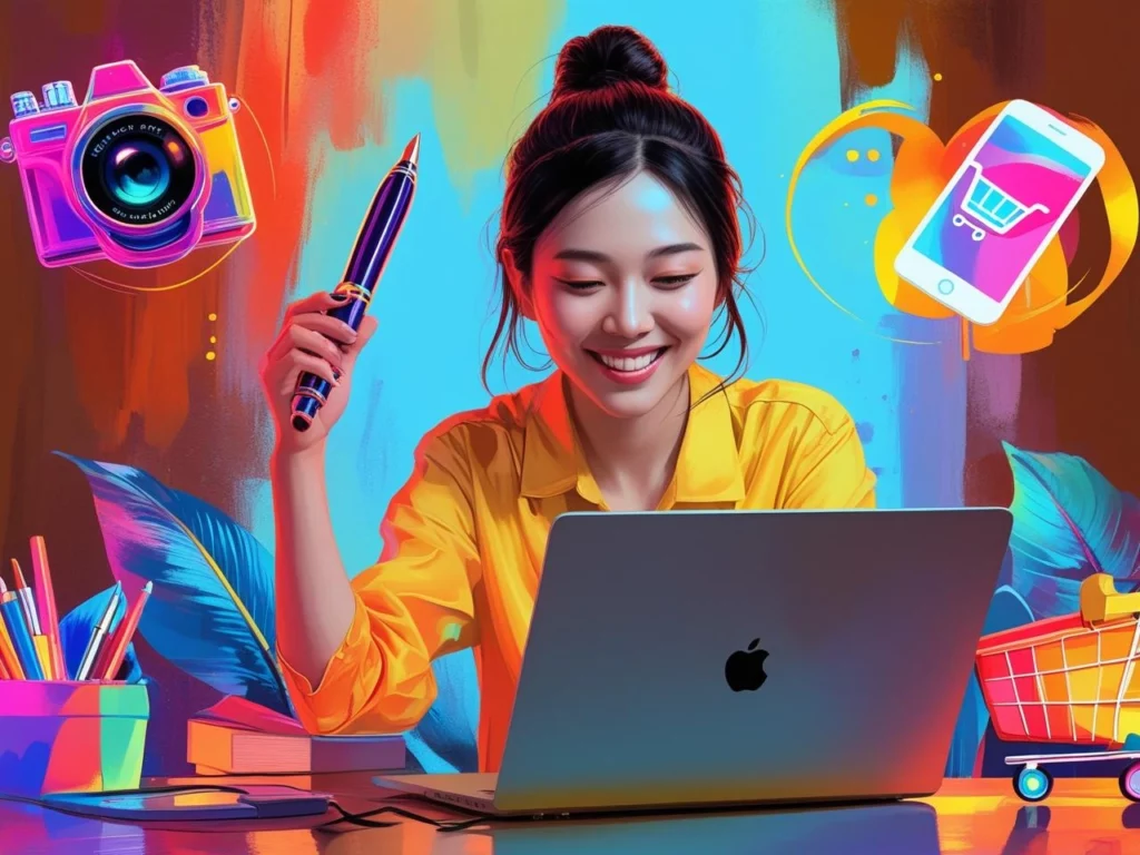 Seseorang bekerja di laptop dengan ikon side hustle, melambangkan pencarian penghasilan tambahan.
