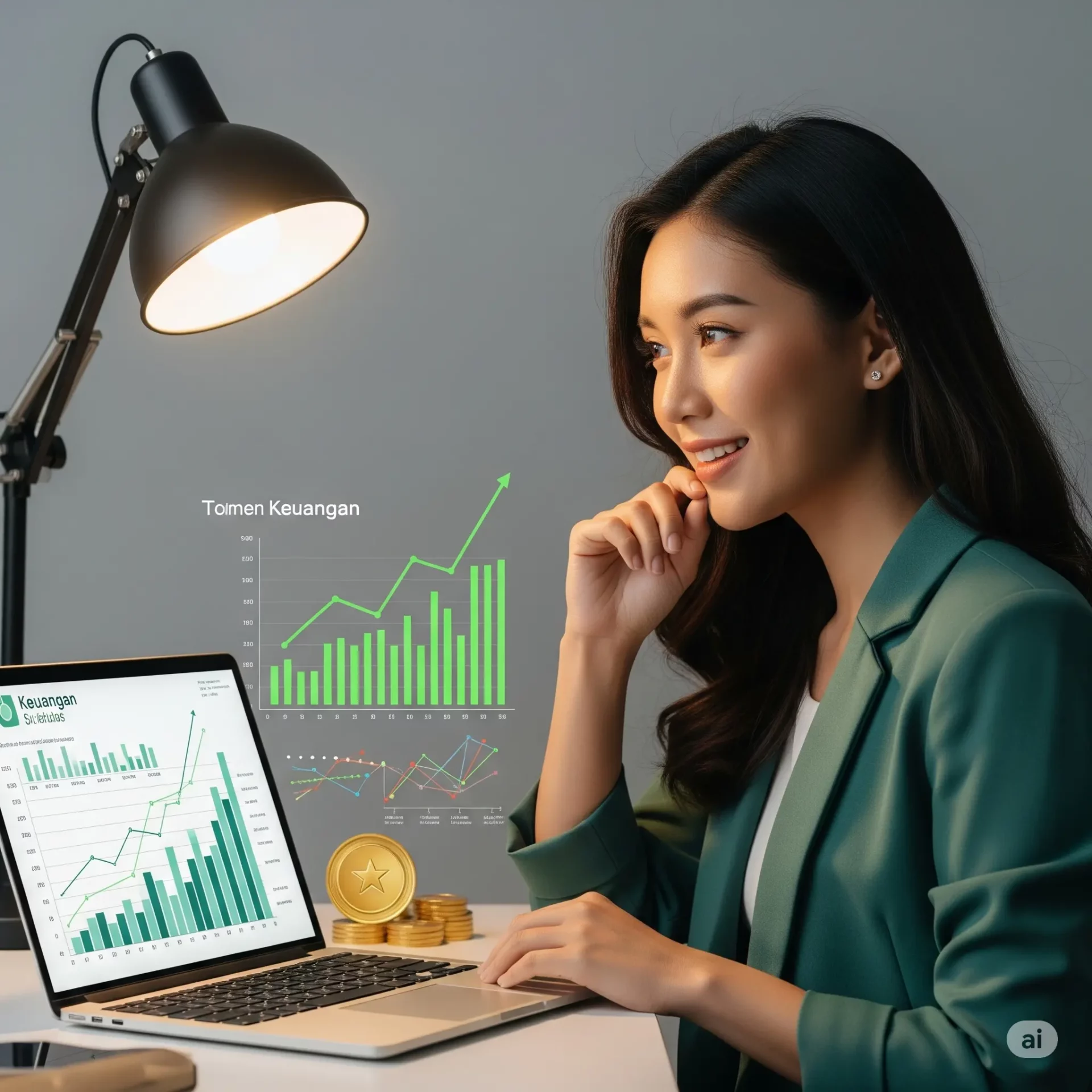 Wanita muda mengelola keuangan dengan tablet, menunjukkan pertumbuhan dan optimisme finansial.