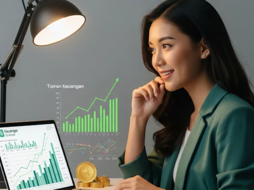 Wanita muda mengelola keuangan dengan tablet, menunjukkan pertumbuhan dan optimisme finansial.