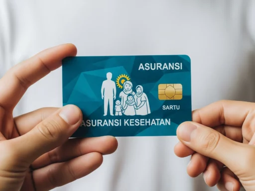 Tangan memegang kartu asuransi kesehatan dengan latar belakang keluarga terlindungi, melambangkan pentingnya asuransi.