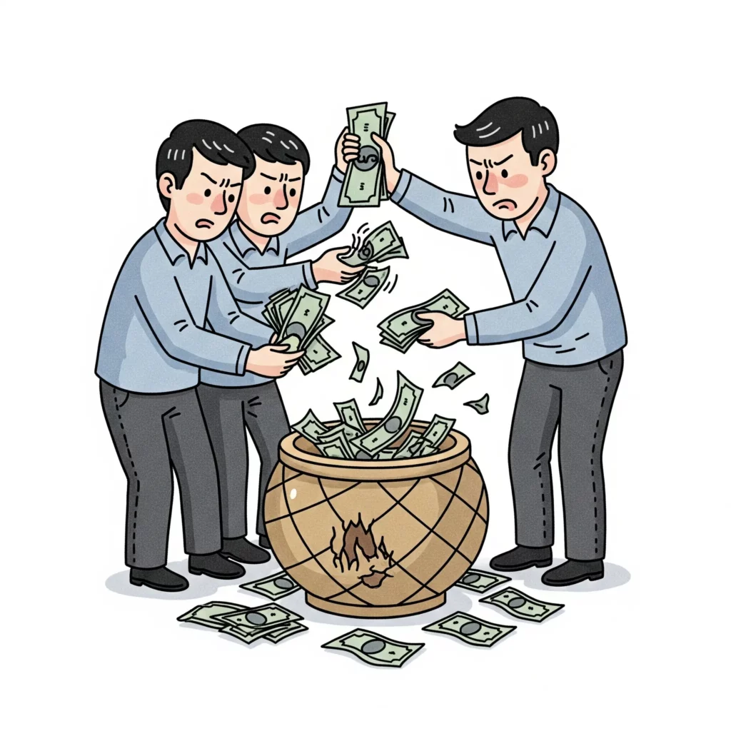 Ilustrasi tangan berusaha menahan uang yang bocor dari dompet, melambangkan kebiasaan pengeluaran tidak terduga.
