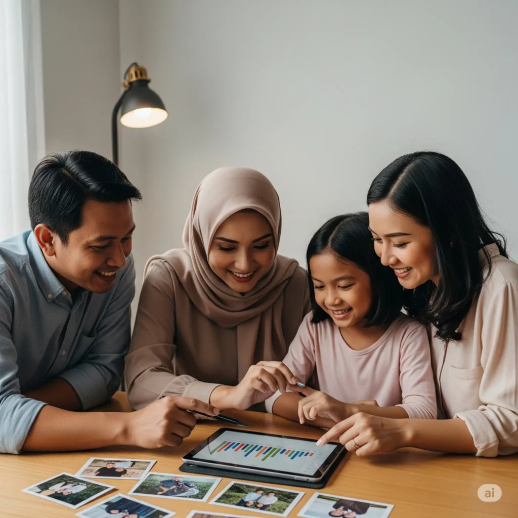 Keluarga sedang berdiskusi dan merencanakan anggaran keuangan bersama di ruang tamu.