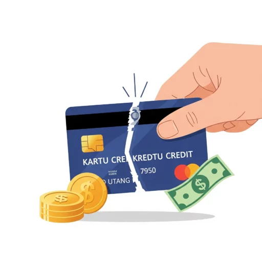 Tangan memotong kartu kredit, melambangkan kebebasan dari utang kartu kredit.