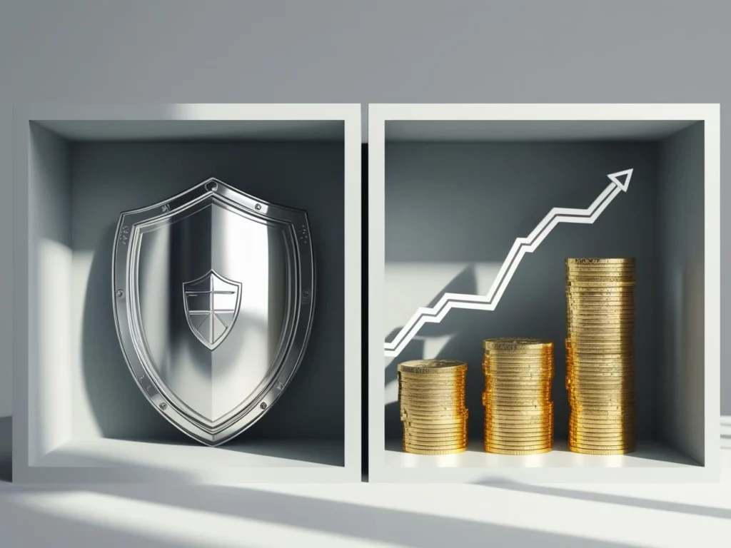 Dua kotak terpisah melambangkan pemisahan proteksi asuransi dan investasi.
