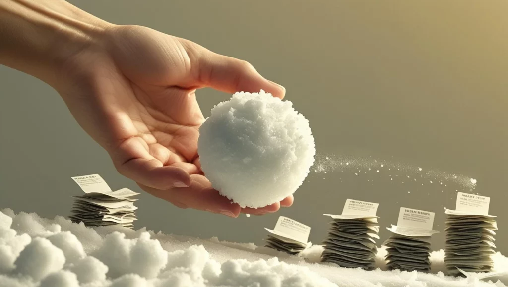 Tangan menggulirkan bola salju, melambangkan metode snowball untuk melunasi utang kecil.
