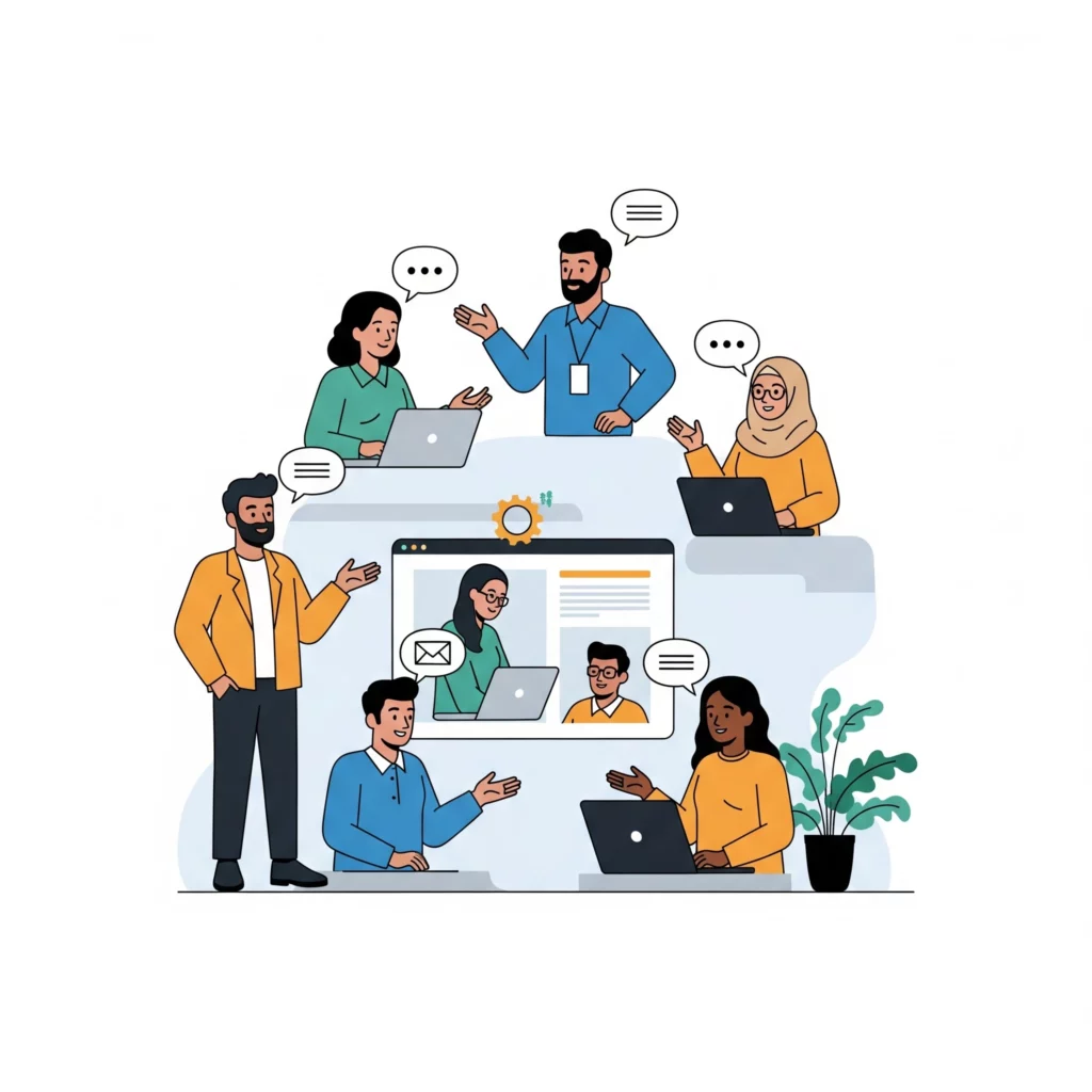 Orang-orang berinteraksi dalam jaringan online, menunjukkan pentingnya networking untuk mencari penghasilan sampingan.
