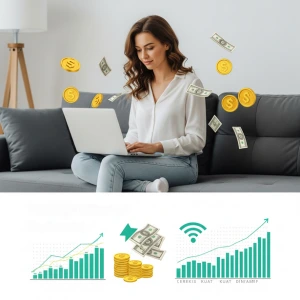 Seseorang bekerja online dari rumah, menghasilkan uang tambahan dengan laptop dan koneksi internet.