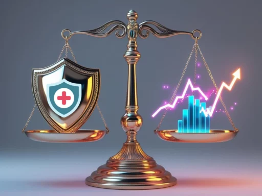 Timbangan menunjukkan risiko investasi pada asuransi unit link dengan grafik berfluktuasi.