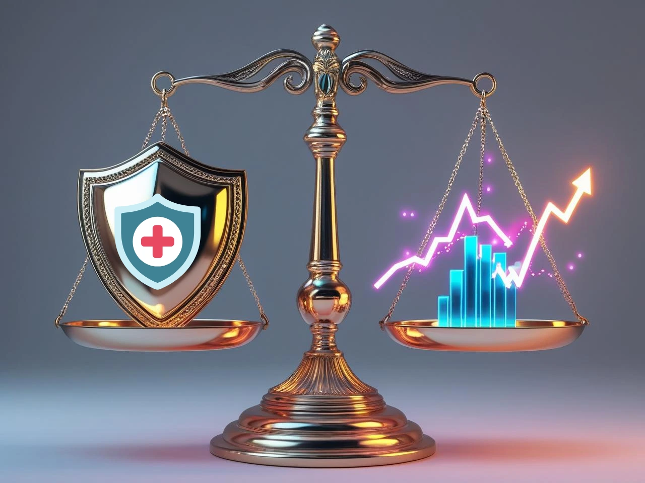 Timbangan menunjukkan risiko investasi pada asuransi unit link dengan grafik berfluktuasi.
