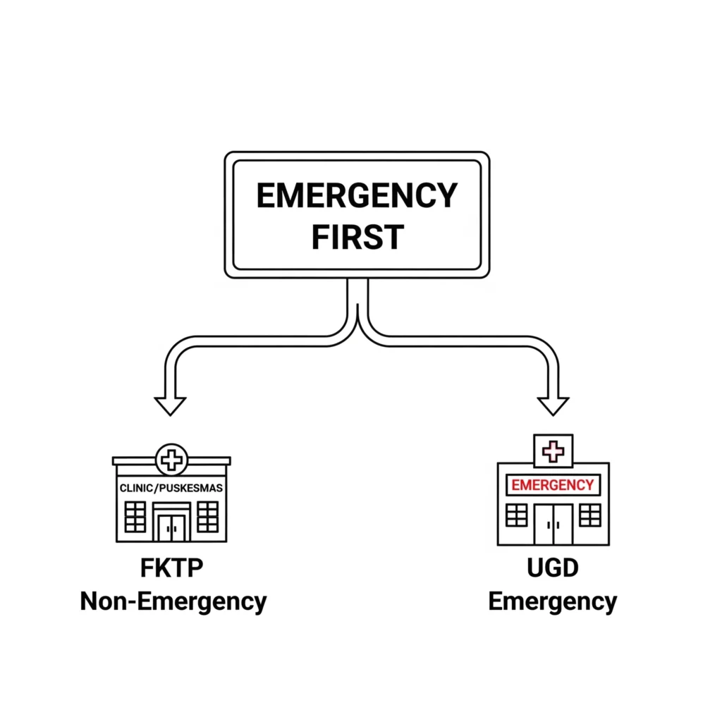 Diagram alur rujukan BPJS Kesehatan, menunjukkan jalan ke klinik atau langsung ke UGD.

