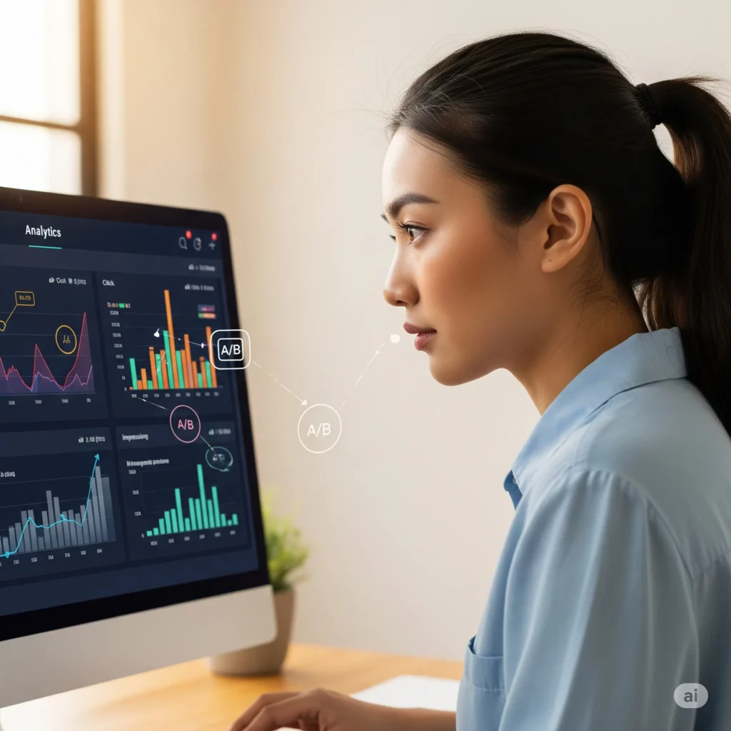 Seseorang menganalisis dashboard Adsense dengan grafik, menunjukkan eksperimen dan optimasi pendapatan.