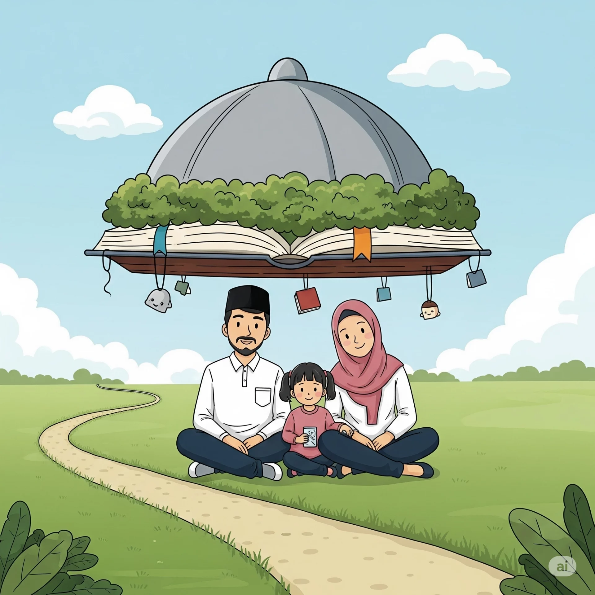Keluarga terlindungi oleh simbol pendidikan, melambangkan jaminan masa depan cerah anak dengan asuransi pendidikan.