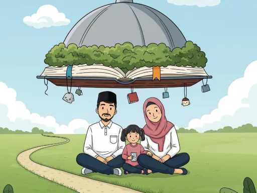 Keluarga terlindungi oleh simbol pendidikan, melambangkan jaminan masa depan cerah anak dengan asuransi pendidikan.