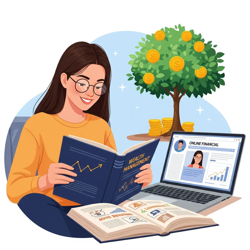 Seseorang membaca buku dan menonton webinar keuangan, melambangkan pembelajaran berkelanjutan untuk investasi.
