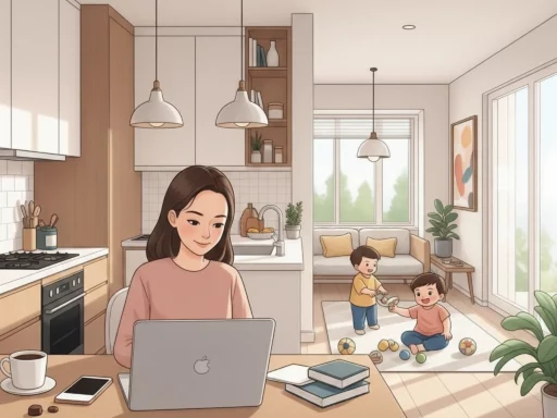 Ibu rumah tangga bekerja di laptop dari rumah, menunjukkan fleksibilitas bisnis online sambil mengawasi keluarga.