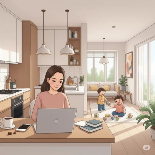 Ibu rumah tangga bekerja di laptop dari rumah, menunjukkan fleksibilitas bisnis online sambil mengawasi keluarga.