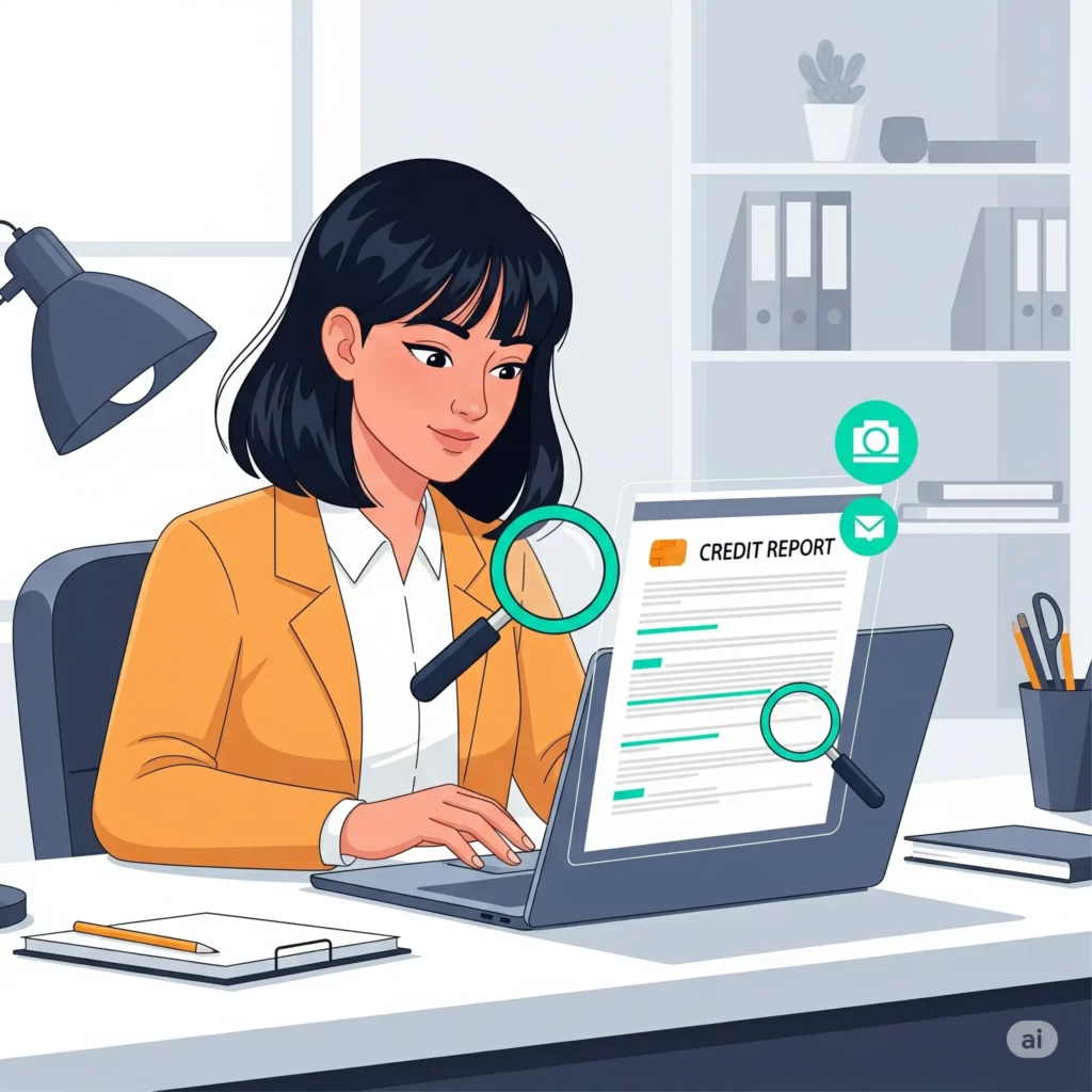 Seseorang memeriksa laporan skor kredit di laptop, fokus pada detail penting.
