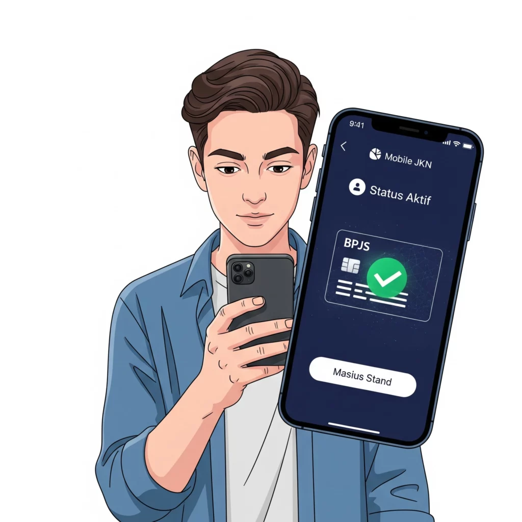 Seseorang memeriksa status kepesertaan BPJS di aplikasi Mobile JKN, menunjukkan kepastian aktif.
