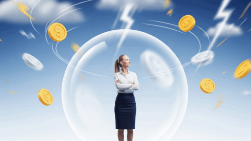 Seseorang lajang berdiri di platform finansial yang stabil terlindungi dari krisis, melambangkan dana darurat.