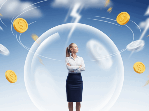 Seseorang lajang berdiri di platform finansial yang stabil terlindungi dari krisis, melambangkan dana darurat.
