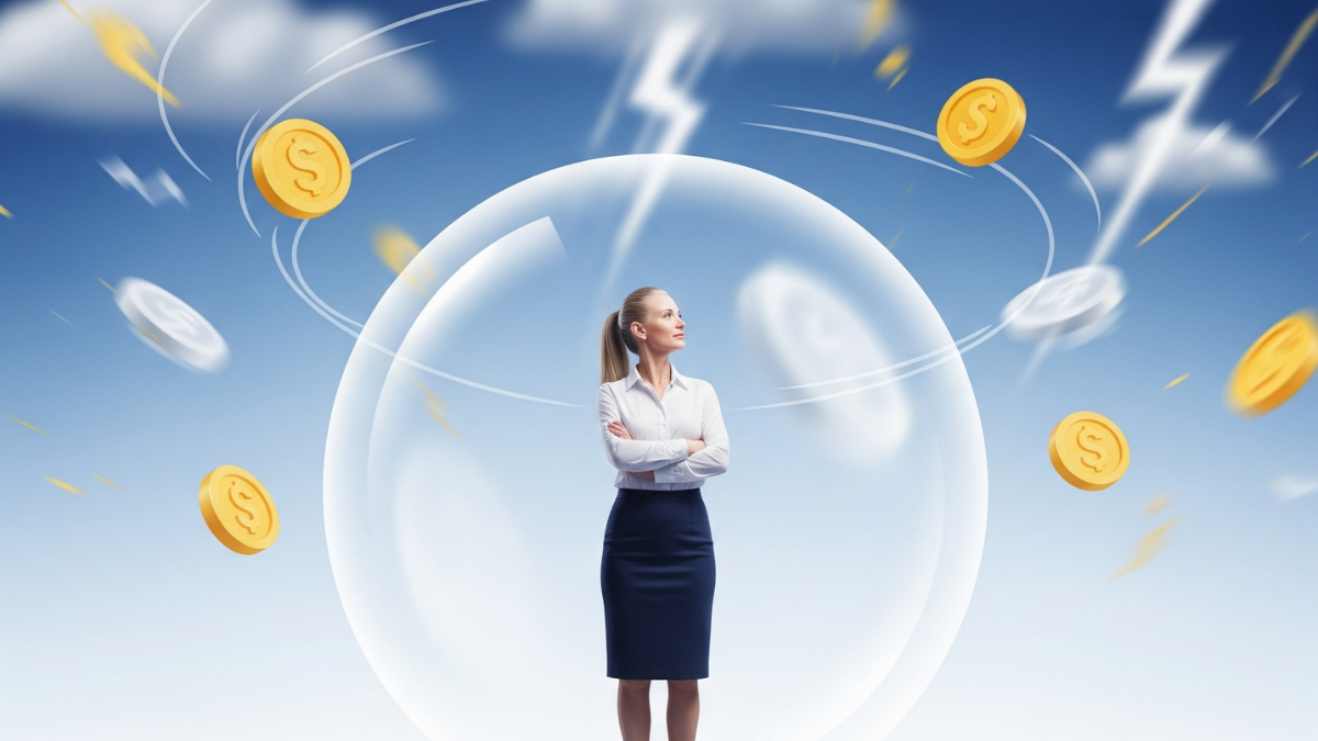 Seseorang lajang berdiri di platform finansial yang stabil terlindungi dari krisis, melambangkan dana darurat.
