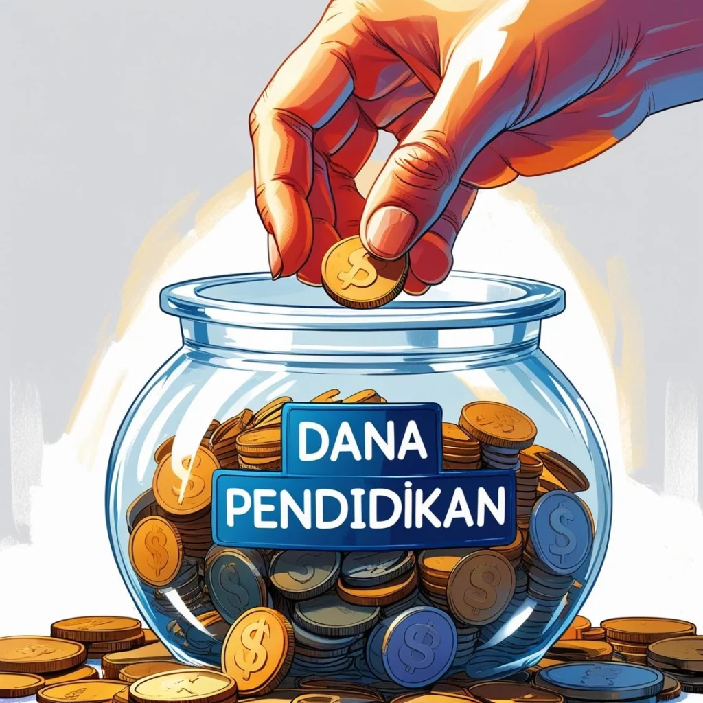 Tangan memasukkan koin ke celengan berlabel 'Dana Pendidikan', menunjukkan disiplin menabung.
