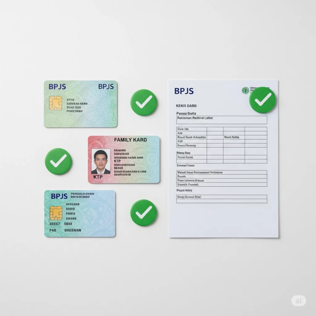 Tumpukan dokumen penting untuk klaim BPJS Kesehatan seperti kartu BPJS, KTP, dan surat rujukan.
