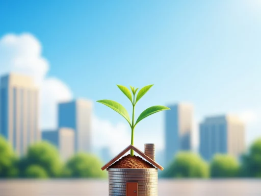 Ilustrasi rumah kecil tumbuh dari tumpukan koin, melambangkan investasi properti modal kecil.