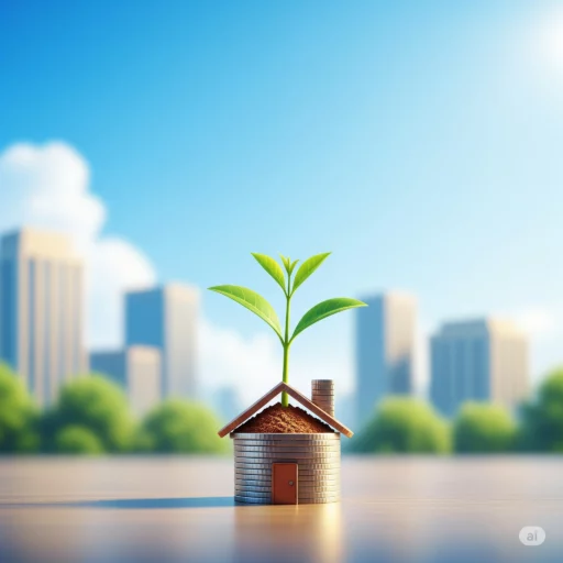 Ilustrasi rumah kecil tumbuh dari tumpukan koin, melambangkan investasi properti modal kecil.