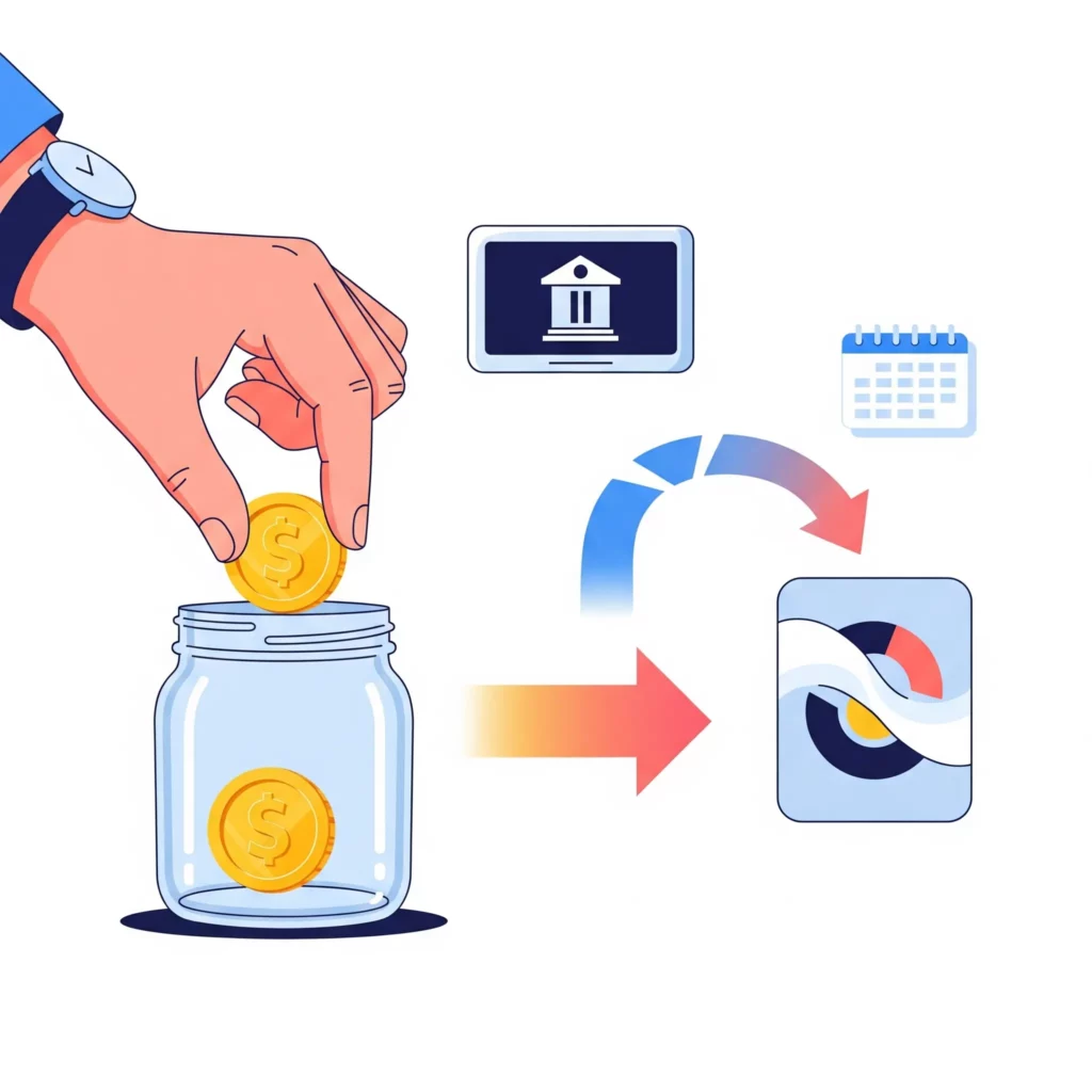 Tangan melakukan transfer otomatis ke investasi reksa dana, melambangkan strategi investasi rutin.
