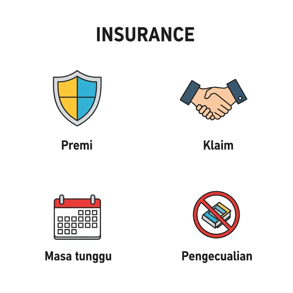 Infografis ikon istilah penting polis asuransi seperti premi, klaim, masa tunggu, dan pengecualian.
