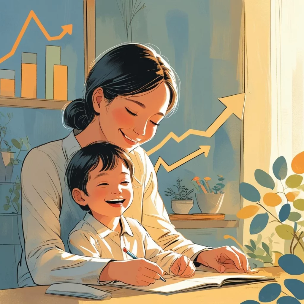 Orang tua tersenyum melihat anak bermain, melambangkan ketenangan pikiran dari perencanaan keuangan.
