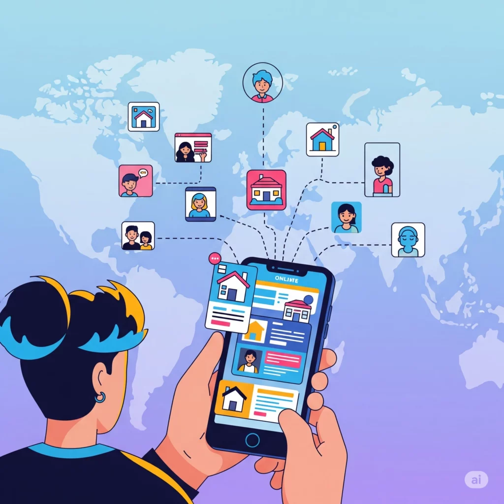 Seseorang melihat listing properti di smartphone, melambangkan makelar properti online atau afiliasi.