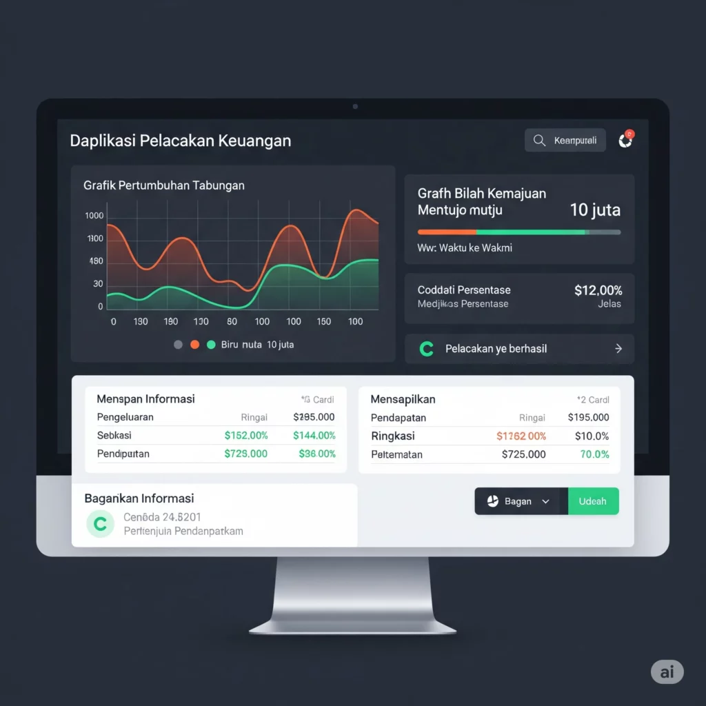 Layar komputer menampilkan aplikasi pelacak tabungan dengan grafik progres menuju 10 juta.