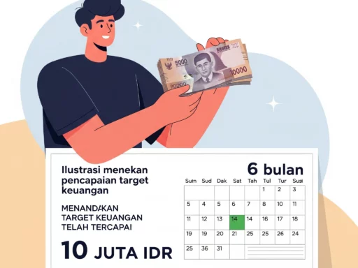 Seseorang tersenyum memegang celengan besar dengan kalender 6 bulan, melambangkan berhasil menabung 10 juta.