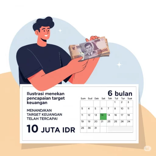Seseorang tersenyum memegang celengan besar dengan kalender 6 bulan, melambangkan berhasil menabung 10 juta.