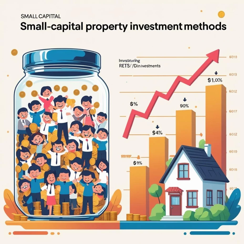 Infografis perbandingan metode investasi properti modal kecil seperti crowdfunding dan REITs.
