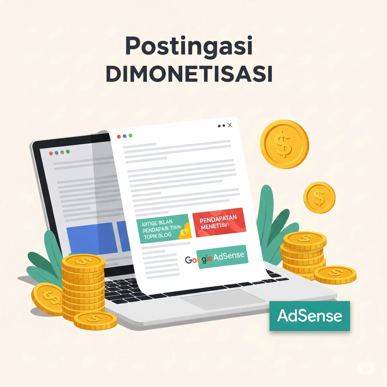 Layar laptop menampilkan blog dengan iklan Adsense dan koin, melambangkan monetisasi blog.