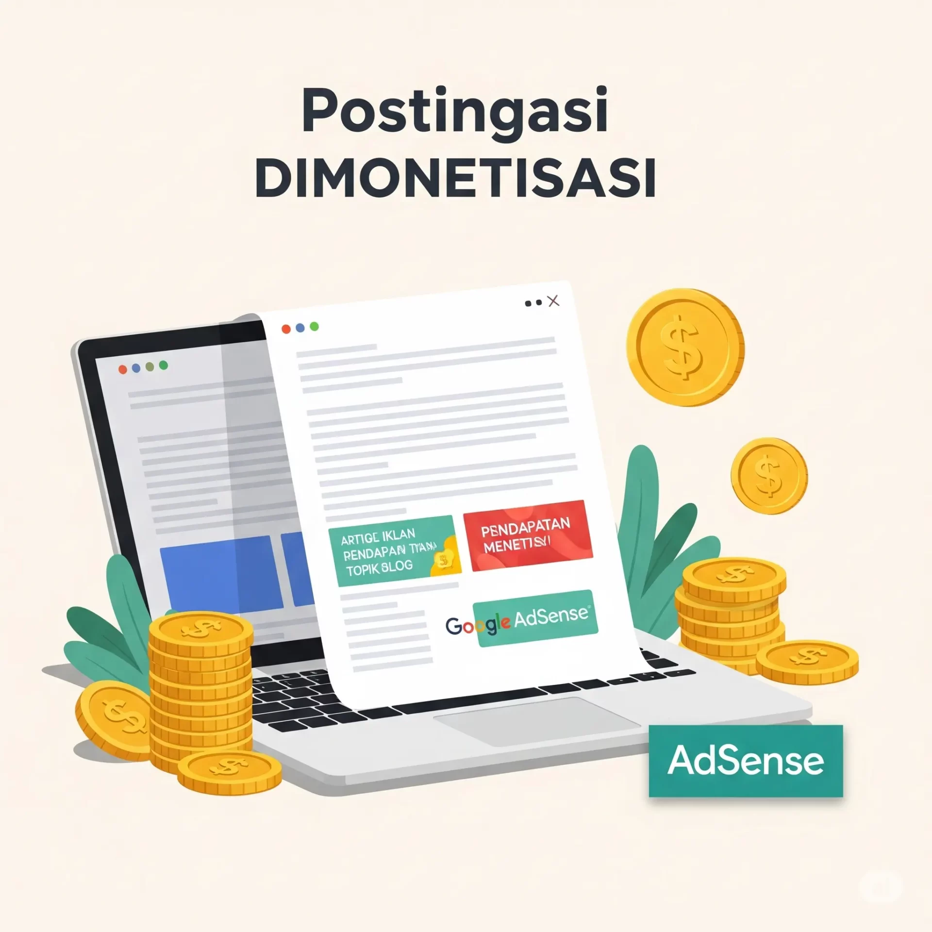 Layar laptop menampilkan blog dengan iklan Adsense dan koin, melambangkan monetisasi blog.
