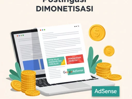 Layar laptop menampilkan blog dengan iklan Adsense dan koin, melambangkan monetisasi blog.