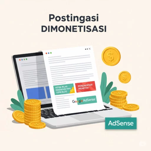 Layar laptop menampilkan blog dengan iklan Adsense dan koin, melambangkan monetisasi blog.