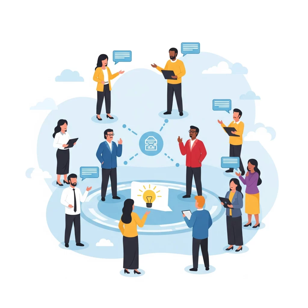 Ilustrasi orang-orang terhubung dalam jaringan online, menunjukkan pentingnya networking untuk bisnis ibu rumah tangga.