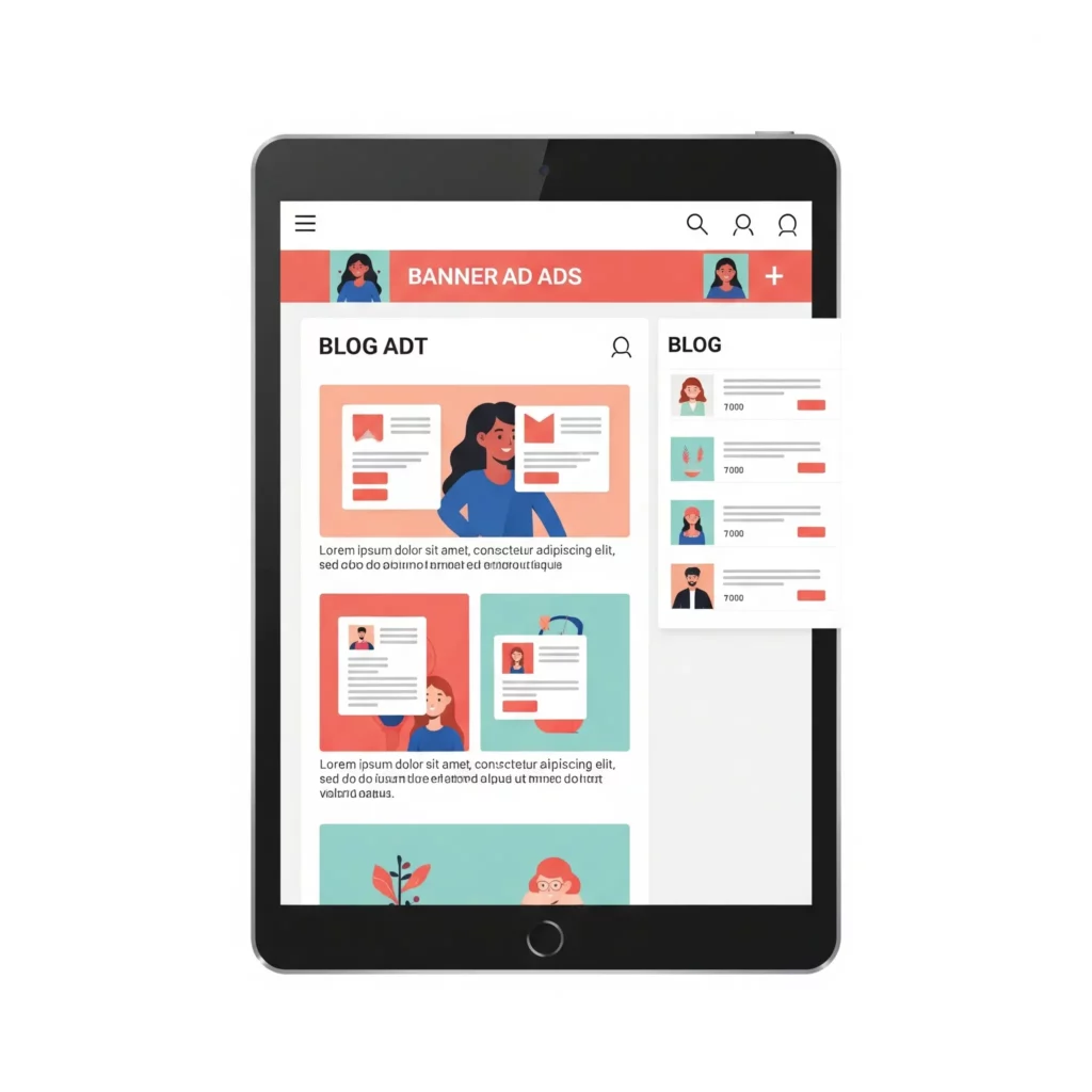 Ilustrasi tata letak blog di tablet dengan penempatan iklan Adsense yang optimal dan strategis.
