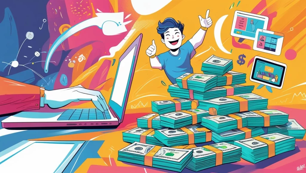 Ilustrasi berbagai kegiatan side hustle seperti menulis freelance dan mengajar online, menghasilkan uang tambahan.
