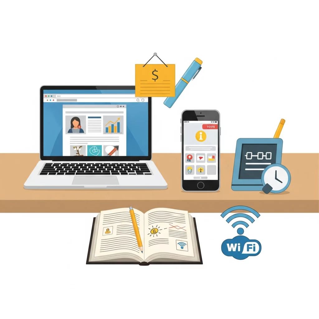 Ikon laptop, smartphone, dan Wi-Fi, melambangkan peralatan dasar untuk memulai bisnis online rumahan.
