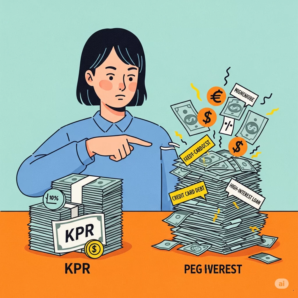 Seseorang melihat tumpukan tagihan KPR dan utang kartu kredit, menunjukkan prioritas pelunasan utang yang berbeda.
