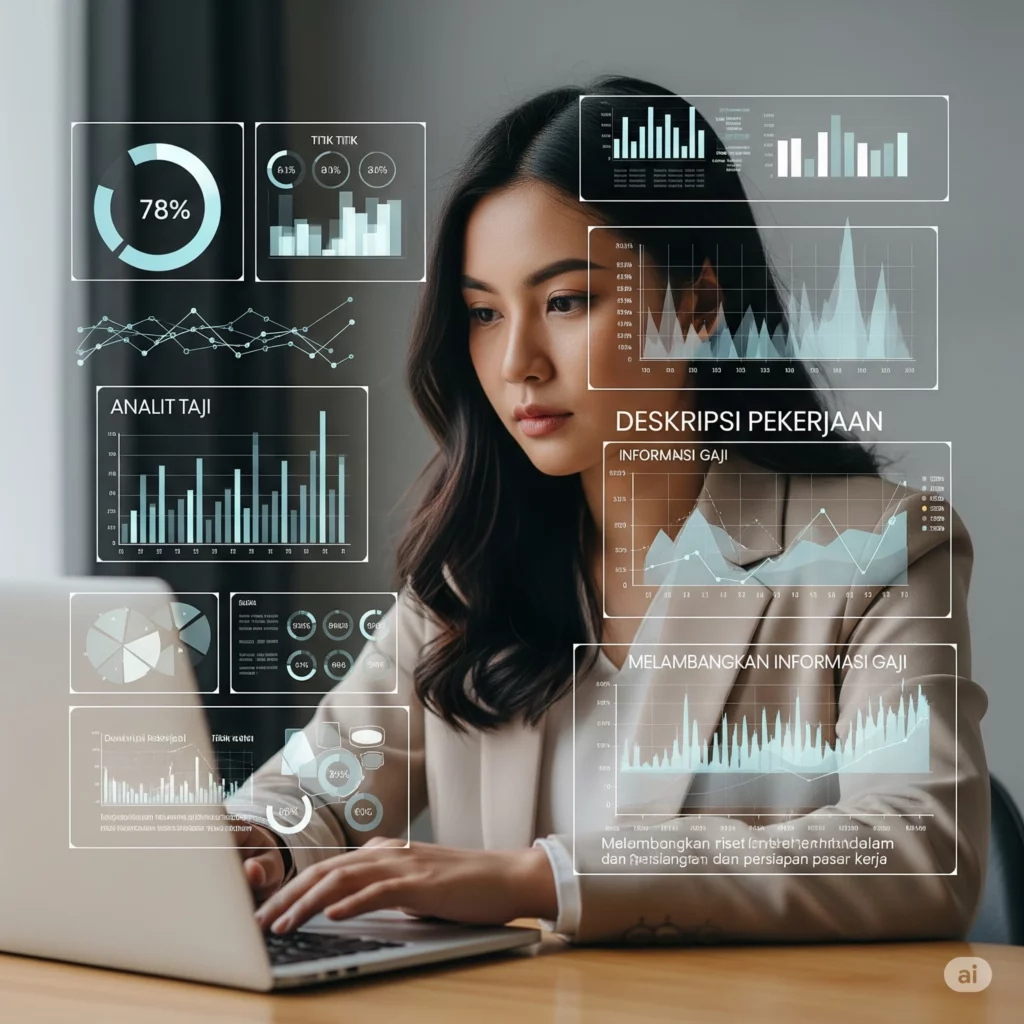 Seseorang melakukan riset gaji di laptop dengan grafik data, menunjukkan persiapan negosiasi.